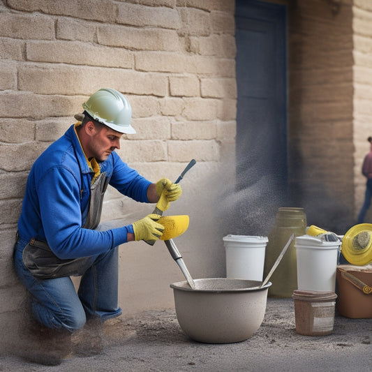 An illustration of a skilled mason applying mortar to a brick wall, with a level, trowel, and mixing bucket nearby, amidst a partially renovated house background with exposed wiring and drywall.