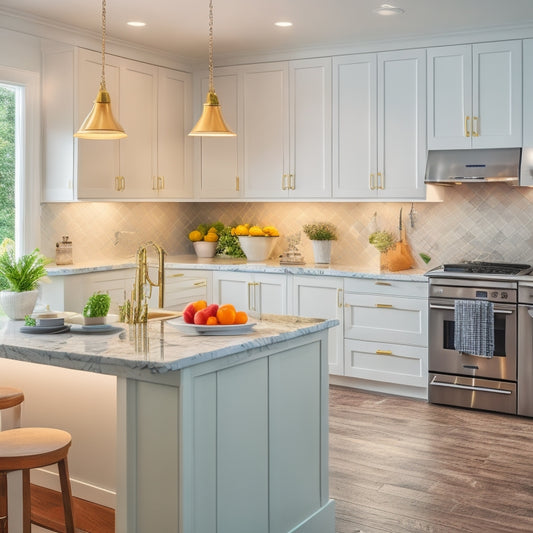 A bright, well-lit, modern kitchen with sleek white cabinets, quartz countertops, and a stunning white marble backsplash, surrounded by various renovation tools and materials in the foreground.