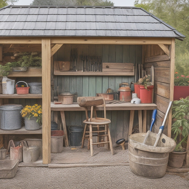 A cluttered garden shed with a wooden workbench in the center, surrounded by various tools and materials, including a trowel, pruners, gloves, and a watering can, with a block garden bed renovation project in progress in the background.