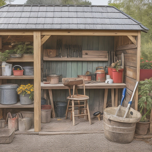 A cluttered garden shed with a wooden workbench in the center, surrounded by various tools and materials, including a trowel, pruners, gloves, and a watering can, with a block garden bed renovation project in progress in the background.