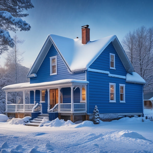 A snow-covered house with a blue tarp covering the roof, surrounded by stacked lumber, tools, and a dumpster, with a warm light emanating from the windows, symbolizing winter home renovation preparations.