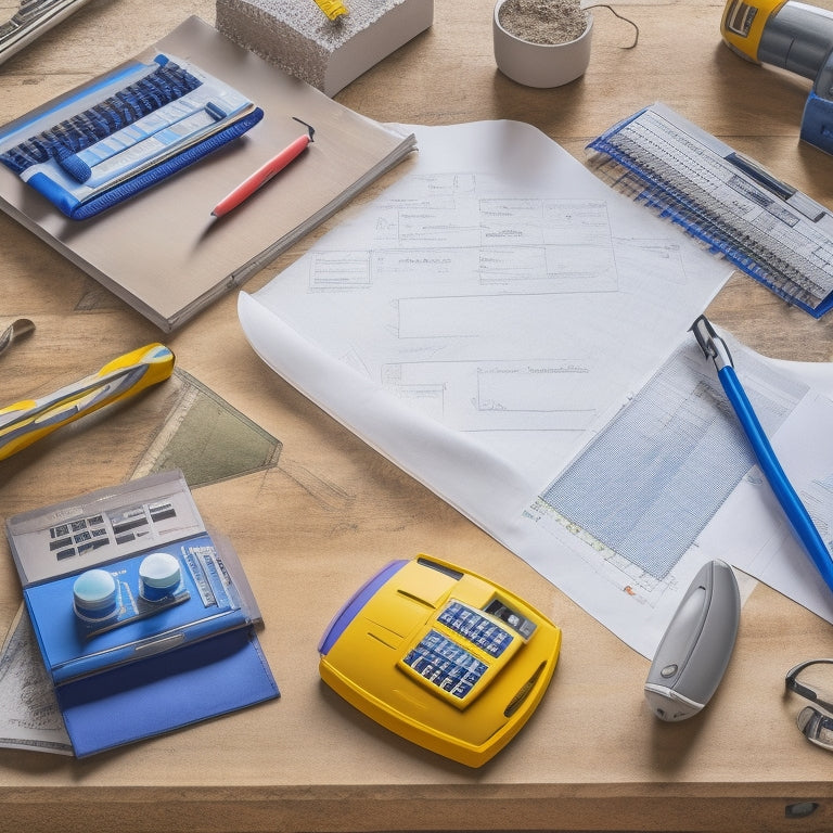 An organized workspace with a large, unfolded floor plan, surrounded by colored pens, a calculator, and a laptop, set against a background of partially demolished walls and construction tools.