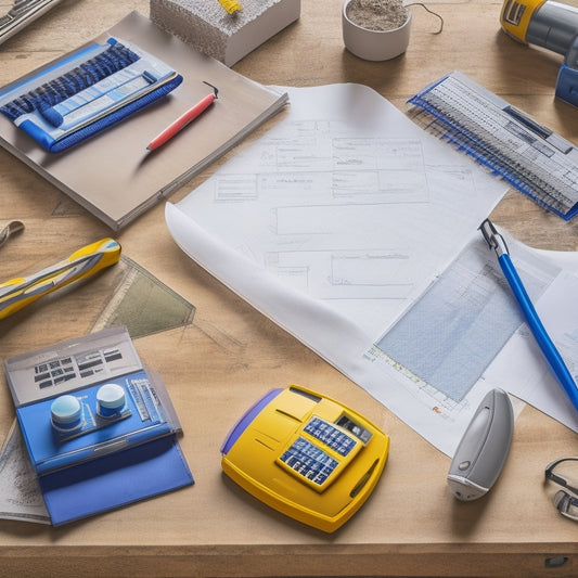An organized workspace with a large, unfolded floor plan, surrounded by colored pens, a calculator, and a laptop, set against a background of partially demolished walls and construction tools.