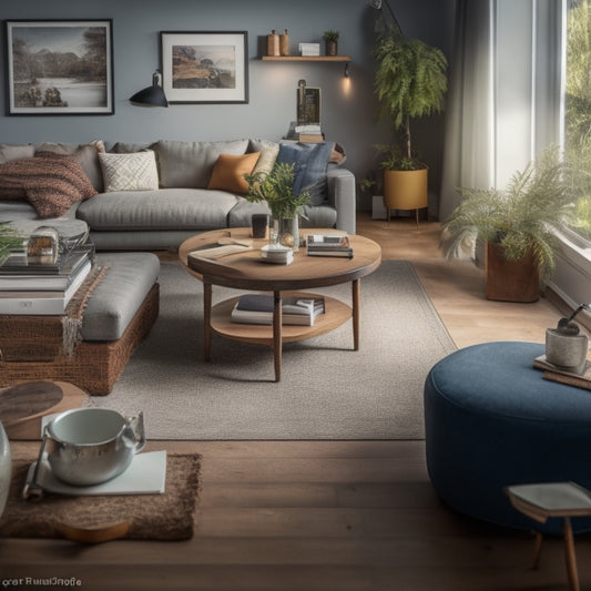 A clutter-free, well-lit, modern living room with a magnifying glass on a coffee table, surrounded by renovation plans, a clipboard with a checklist, and a few scattered tools like a hammer and level.