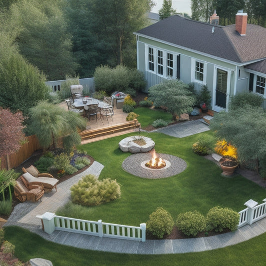 An aerial view of a backyard with a renovated patio, complete with a fire pit, outdoor kitchen, and lush greenery, surrounded by a white picket fence and a few scattered design blueprints.