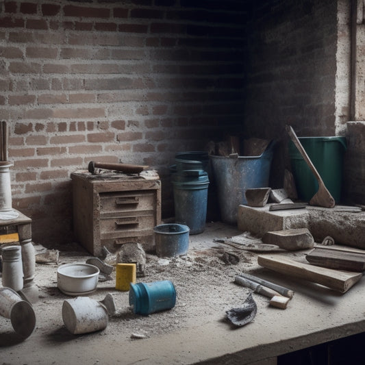 A cluttered workspace with a partially demolished block wall in the background, surrounded by various renovation tools, including a hammer, trowel, level, and bucket of mortar, with scattered blocks and debris.