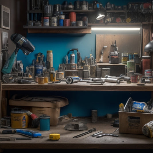 A cluttered, yet organized, workbench with various budget-friendly tools, including a cordless drill, level, tape measure, and wrench, surrounded by renovation materials like plywood, bricks, and paint cans.