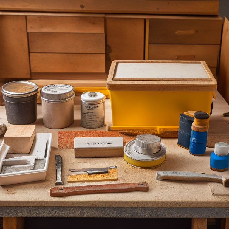 A well-organized toolbox with various plaster repair tools, including a putty knife, joint knife, taping knife, sanding block, and a container of joint compound, on a clean and clutter-free workbench.