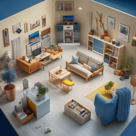 A stylized illustration of a modern home with interchangeable blocks of various rooms, furniture, and decorations, surrounded by design tools like pencils, rulers, and laptops.