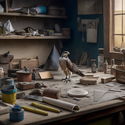 A cluttered workbench with various plastering tools, including a hawk, trowel, putty knife, joint knife, and sandpaper, surrounded by scraps of plaster, dust, and renovation materials.