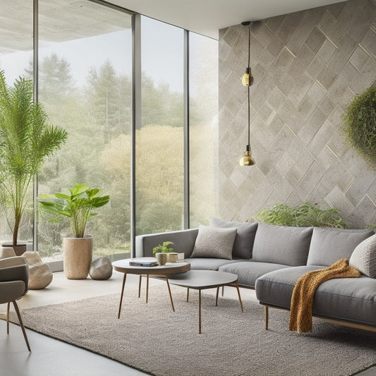 A serene modern living room with a statement concrete accent wall featuring a unique geometric pattern, surrounded by sleek furniture and lush greenery, with natural light pouring in through floor-to-ceiling windows.