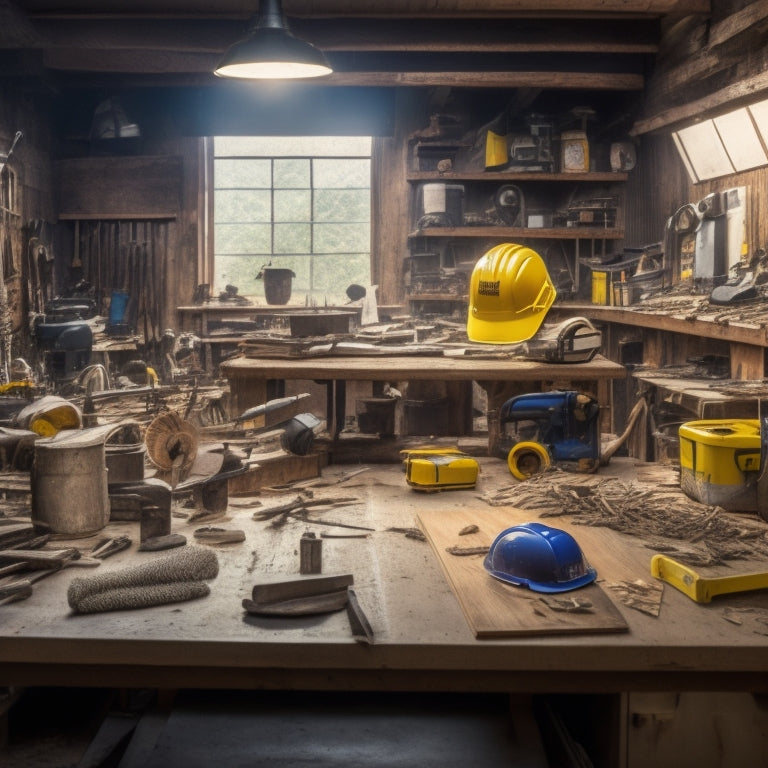 A cluttered workshop with a circular saw in the center, surrounded by scattered tools and wood shavings, with a yellow hard hat and safety goggles on a nearby workbench.