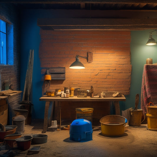 A well-lit workshop with a block wall renovation project in progress, featuring a trowel, level, hammer, chisel set, and a mixer with mortar, surrounded by renovation materials and tools.