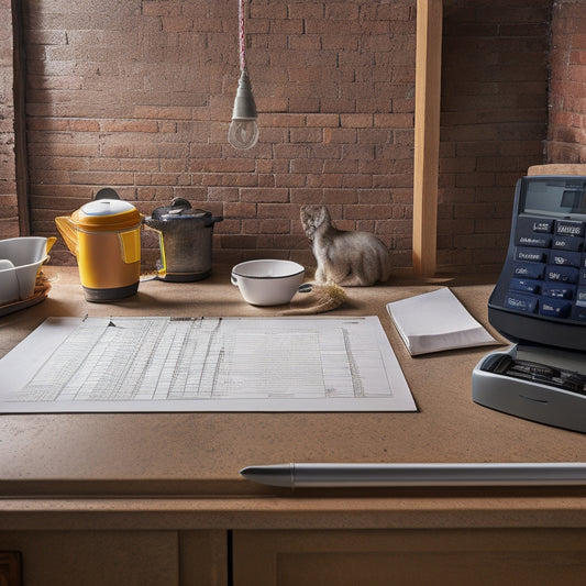 A checklist on a clipboard, with a pen and calculator nearby, on a messy construction site background with a partially renovated kitchen in the distance, featuring exposed brick and new cabinetry.