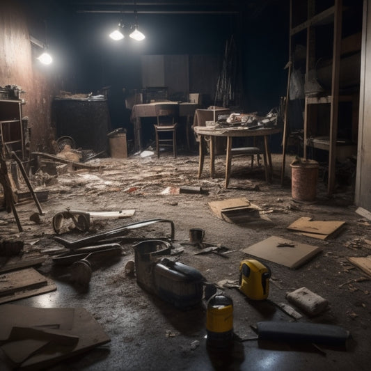 A cluttered, dimly lit renovation site with various flooring materials (tiles, hardwood, carpet) scattered around, amidst scattered tools and debris, with a prominent, sleek floor remover tool in the center, spotlighted.