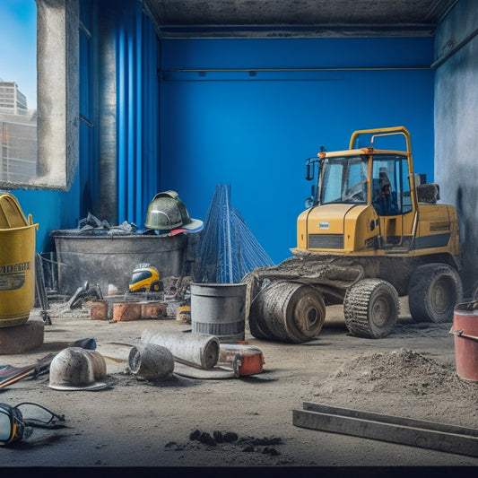 A cluttered construction site with a concrete mixer, tools scattered around, and a half-renovated concrete wall in the background, highlighted safety gear like hard hats, goggles, and steel-toed boots.