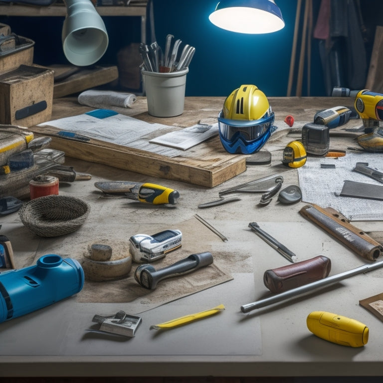 A cluttered workshop table with various renovation tools, including a cordless drill, level, tape measure, and wrench, surrounded by scattered blueprints, safety goggles, and a hard hat.