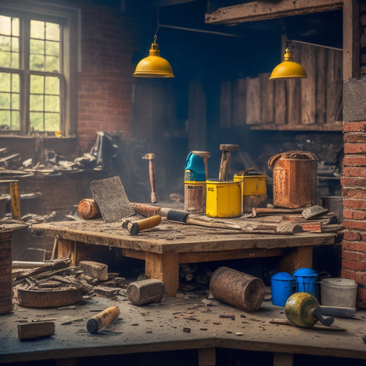 A cluttered workshop table with various demolition tools scattered around, including a sledgehammer, pry bar, wrecking ball, and jackhammer, surrounded by scattered wood debris and dusty old bricks.