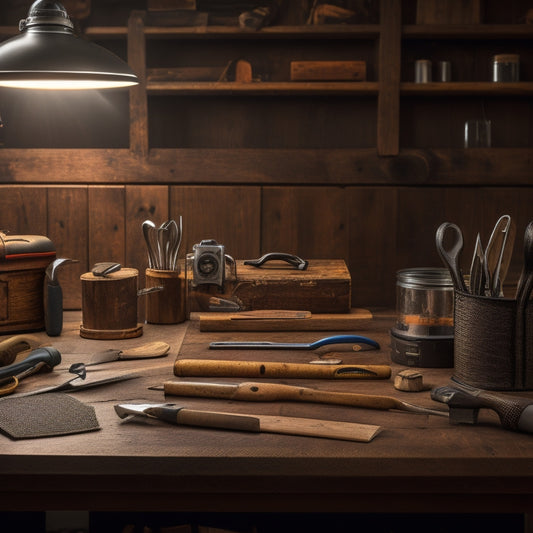 A tidy, well-lit workstation with a variety of hand tools, including a precision hammer, level, tape measure, pliers, and screwdrivers, arranged neatly on a wooden surface with a subtle wood grain texture.