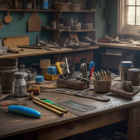 A cluttered workbench with various tools scattered around, including a sealant remover, scraper, and putty knife, alongside old, worn-out renovation sealants in different shapes and sizes.