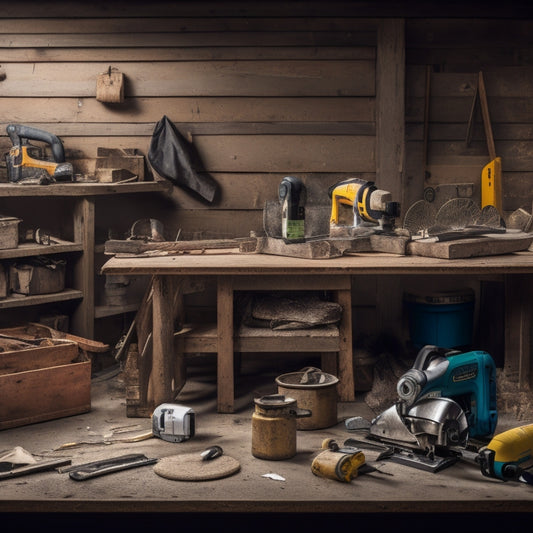A cluttered workshop backdrop with a variety of wall cutting tools arranged on a wooden table, including a circular saw, reciprocating saw, and utility knife, surrounded by drywall scraps and dust.