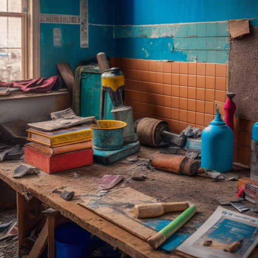 A cluttered room with torn wallpaper, broken tiles, and a sledgehammer lying on the floor, surrounded by demolition tools and a beginner's guidebook in the background, with a faint blueprint on the wall.
