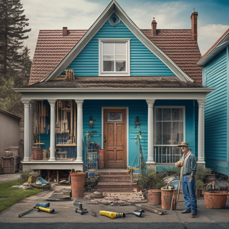 An illustration of a person standing in front of a half-renovated house facade, surrounded by various tools and materials, with a faint blueprint of a house in the background, showcasing chaos and organization.
