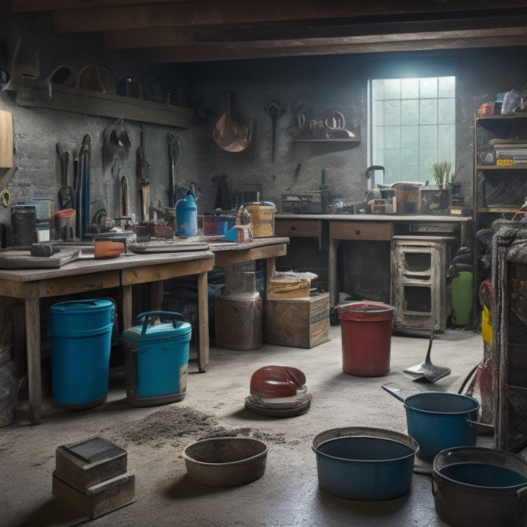 A cluttered, well-lit garage or workshop with various concrete tools and equipment scattered around, including a mixer, trowel, level, float, edger, and wheelbarrow, with a faint DIY renovation project in the background.
