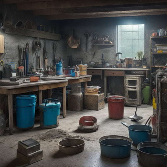 A cluttered, well-lit garage or workshop with various concrete tools and equipment scattered around, including a mixer, trowel, level, float, edger, and wheelbarrow, with a faint DIY renovation project in the background.