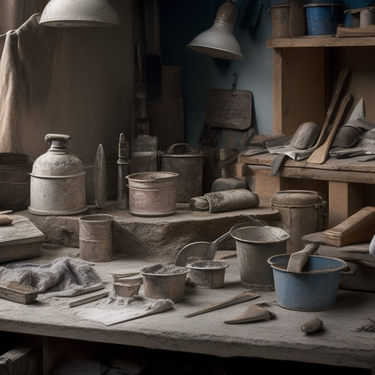 A cluttered workbench with various textured plaster finishing tools, including trowels, floats, and hawks, alongside a bucket of plaster mix, scattered blueprints, and a worn renovation manual.