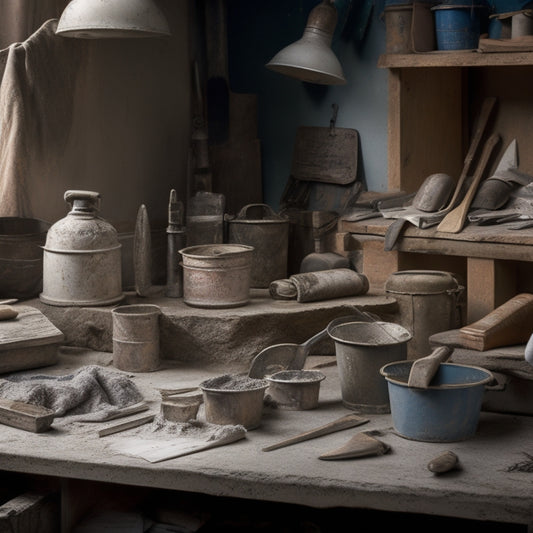 A cluttered workbench with various textured plaster finishing tools, including trowels, floats, and hawks, alongside a bucket of plaster mix, scattered blueprints, and a worn renovation manual.