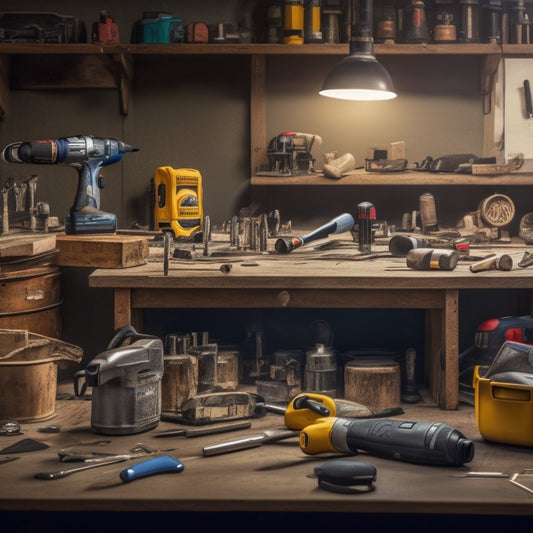 A cluttered workbench with a variety of renovation tools, including a cordless drill, impact driver, circular saw, and hammer, surrounded by scattered screws, nails, and building plans.