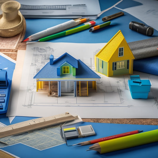 A blueprint of a house with various sections highlighted in different colors, alongside a tape measure, calculator, and construction hat, surrounded by scattered papers and pencils.