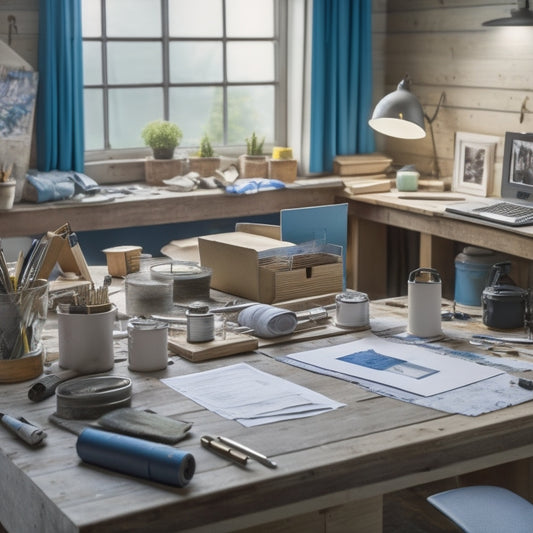 A cluttered home renovation workspace with scattered blueprints, a laptop open to an Excel spreadsheet, and various construction materials like lumber, tiles, and paint cans in the background.