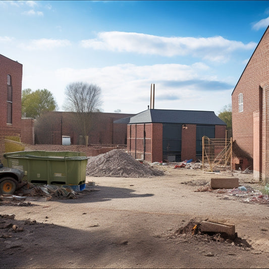 An empty construction site with a partially renovated brick home in the background, featuring sorted piles of reusable and recyclable materials, and a dumpster with minimal waste.