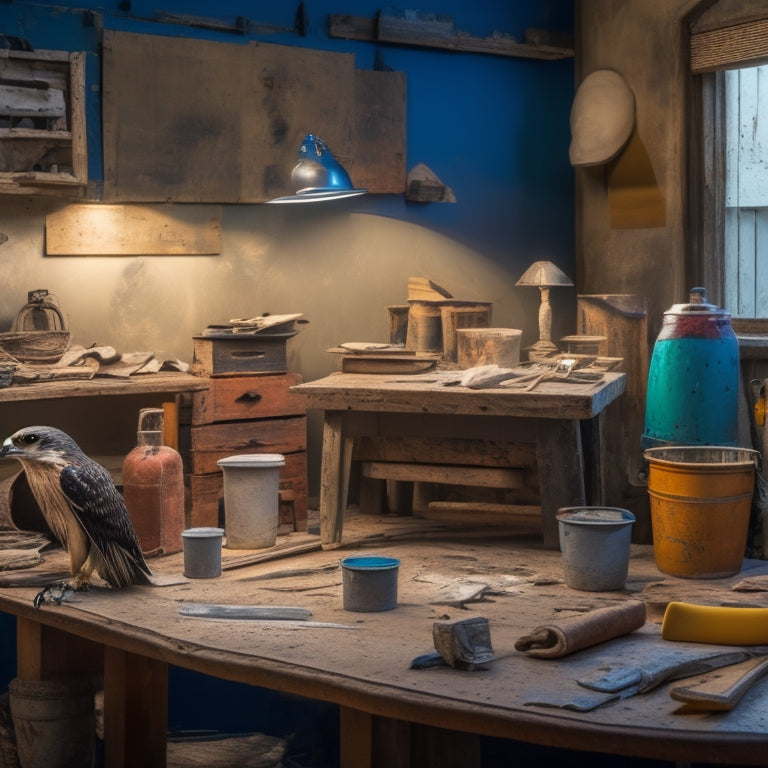 A cluttered workshop table with various plastering tools, including a hawk, trowel, putty knife, and joint knife, surrounded by buckets of mixed plaster, sandpaper, and a putty-stained work lamp.