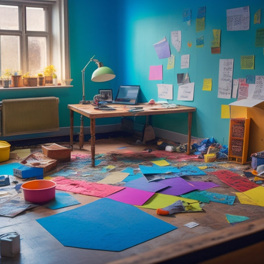 A messy room with torn-out flooring, exposed walls, and scattered tools transforms into a beautifully designed space with a timeline chart on the wall, marked with checkmarks and colorful sticky notes.