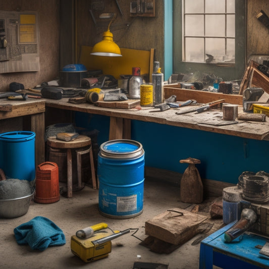 A cluttered workbench with a hammer, tape measure, level, and power drill surrounded by scattered blueprints, with a partially demolished wall and a bucket of paint in the background.