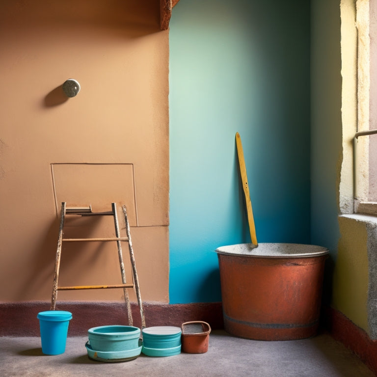 A stucco wall renovation scene with a ladder, bucket of stucco mix, trowel, float, and putty knife, set against a backdrop of a partially renovated wall with a mix of old and new stucco.