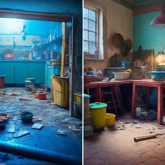 A split-screen image: a cluttered, dimly lit room with broken tiles, cracked walls, and scattered tools on the left, contrasted with a bright, organized space with polished floors and crisp lines on the right.