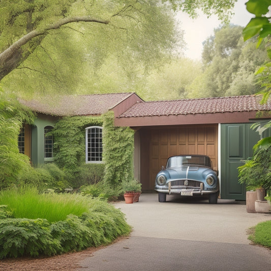 A serene backyard with a rundown block garage, overgrown with vines, surrounded by lush greenery, with a faint outline of a renovated garage in the background, featuring large windows and a modern roof.
