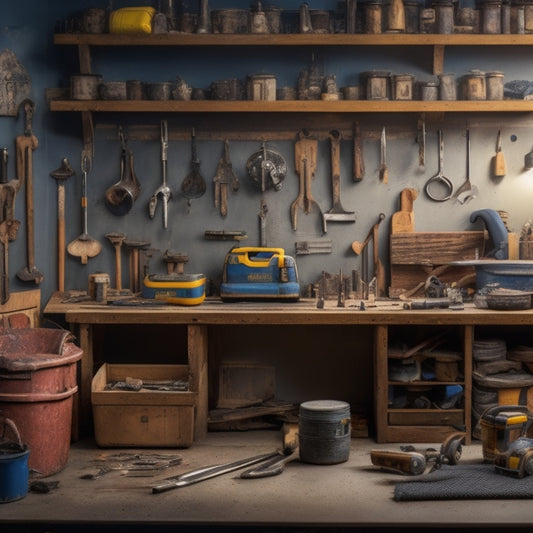 A cluttered workshop with broken tools and scraps of wood, contrasted with a tidy, organized space featuring a pegboard with neatly hung renovation tools, a workbench with a measuring tape and a level.