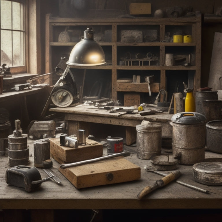 A cluttered workshop table with various tools scattered around, including a tape measure, level, hammer, saw, and drill, with a faint background of a renovation-in-progress room.