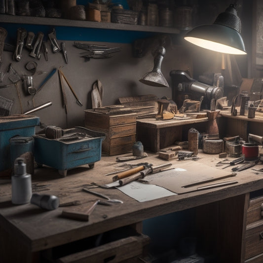 A cluttered workbench with various renovation tools scattered around, with a few tools highlighted in a spotlight, surrounded by blueprints, paint swatches, and a miniature model of a house.