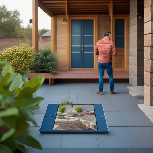 A person holding a tablet with a 3D home design, standing in front of a renovated concrete room with a new patio, exposed aggregate floor, and a half-finished concrete countertop.