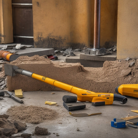 A cluttered construction site with various manual concrete splitting tools scattered around, including a demolition hammer, wedge and feathers, and a handheld breaker, amidst cracked and broken concrete debris.