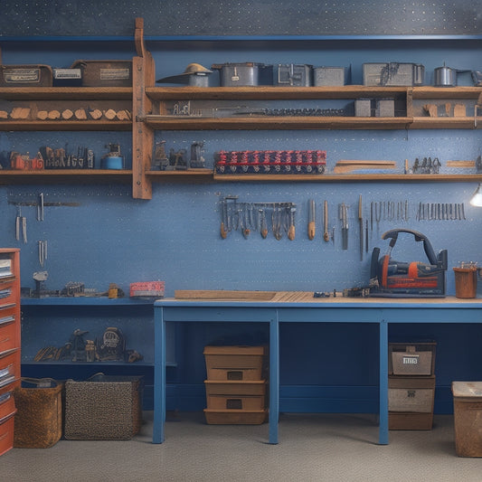 A tidy workshop with a pegboard displaying neatly arranged tools, a labeled storage bin, and a workbench with a custom-cut foam insert holding screwdrivers and pliers in designated slots.