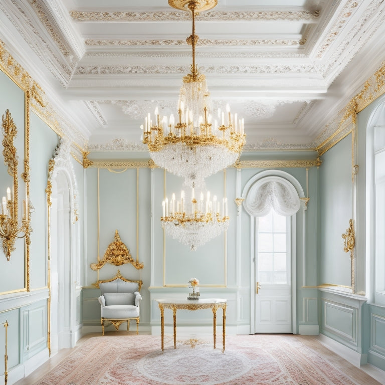 A beautifully renovated room with a smooth, creamy white plaster ceiling, illuminated by a stunning crystal chandelier, surrounded by richly colored walls and ornate moldings.