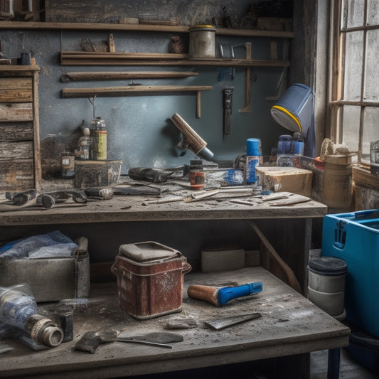 A cluttered workbench with various DIY sealing tools, including caulk guns, silicone sealant tubes, and putty knives, surrounded by scattered renovation materials like drywall, pipes, and wooden planks.