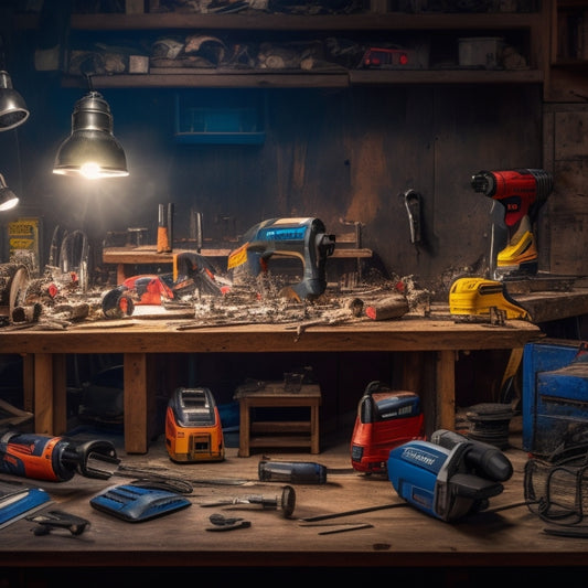 A cluttered, well-lit workshop table with a mix of power tools, including a cordless drill, impact driver, circular saw, jigsaw, and reciprocating saw, arranged in a messy, organized way.